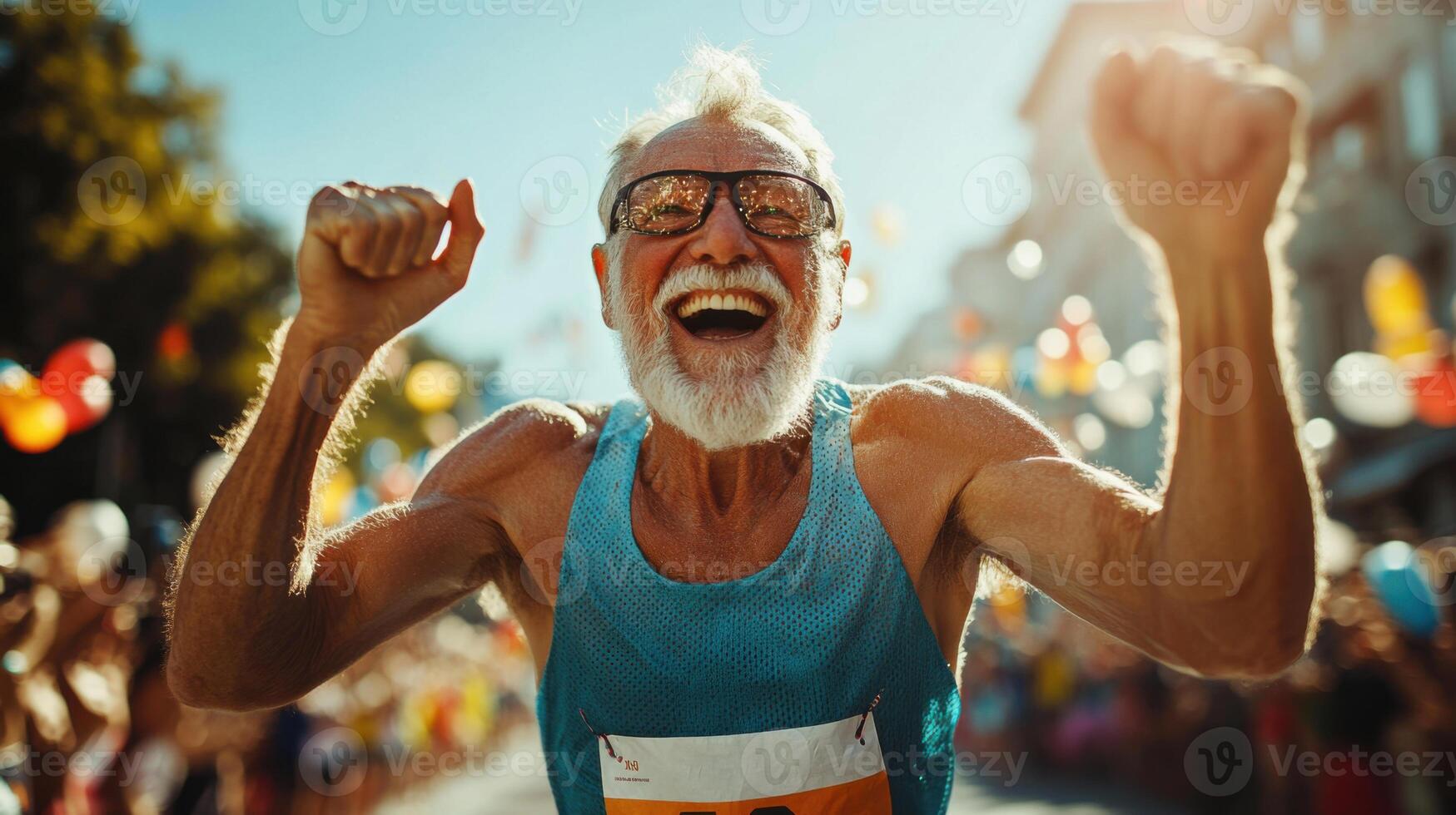 Senior man wins marathon. Elderly runner celebrates race victory. Happy older athlete crosses finish line. Sport achievement and healthy aging concept. photo