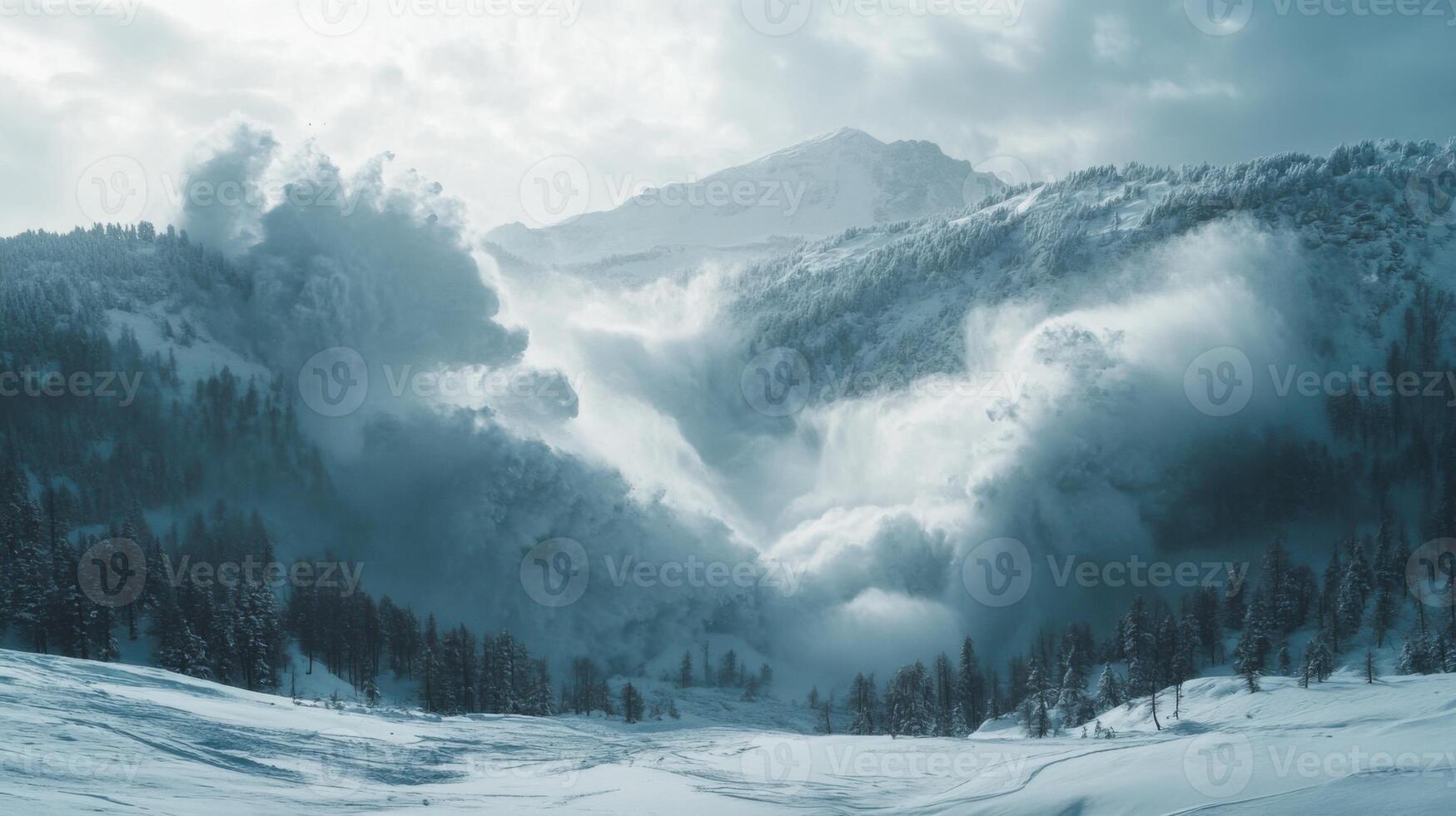 Mountain avalanche. White snow cloud flowing down mountain. Forest in winter landscape. Snowy mountains and winter forest. Large avalanche in alps. photo
