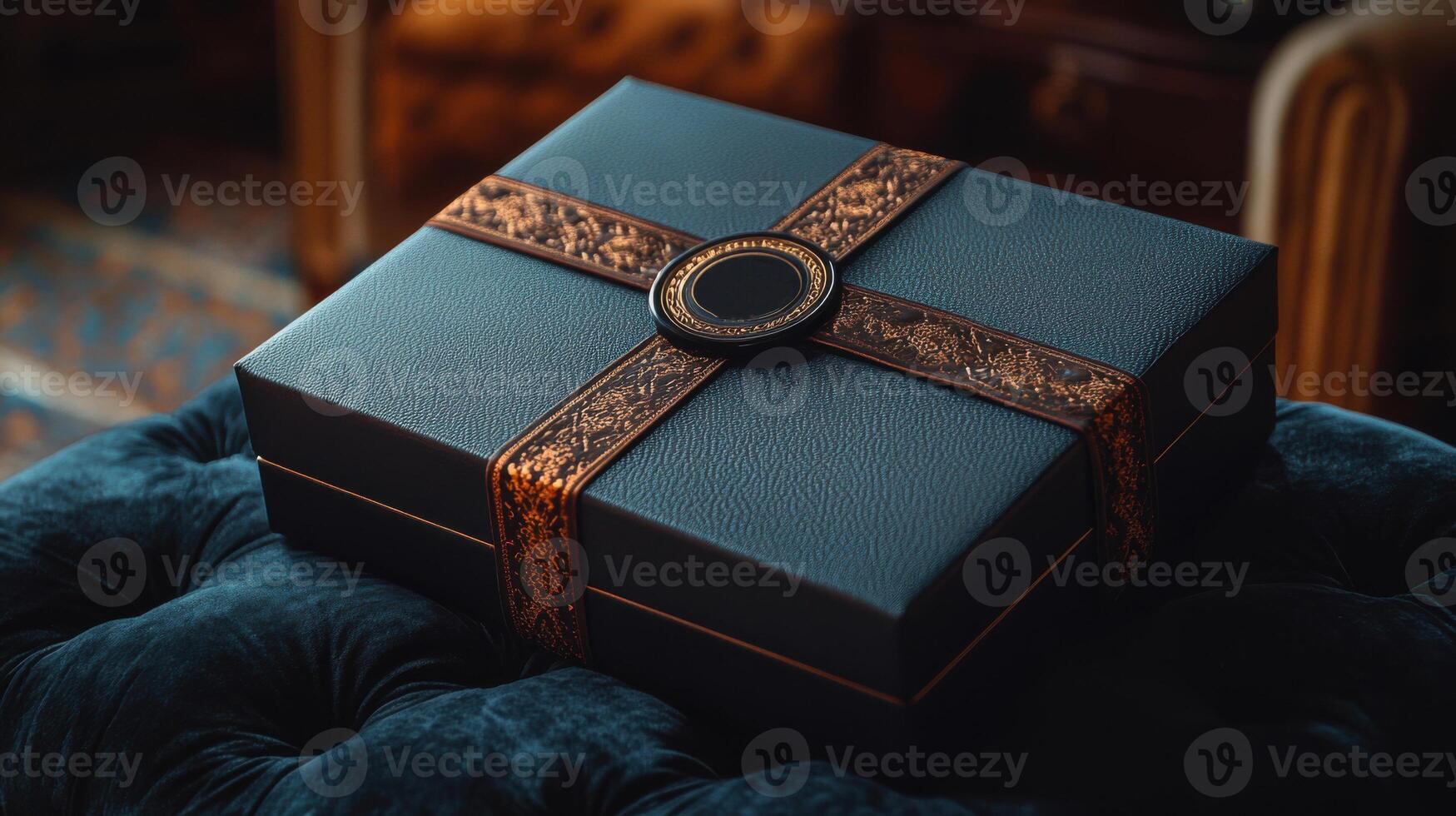 Luxury gift box. Dark box with ribbon. Elegant present on soft cushion. Sophisticated package. Special occasion. Exclusive design. Beautiful dark tones. Rich look. photo