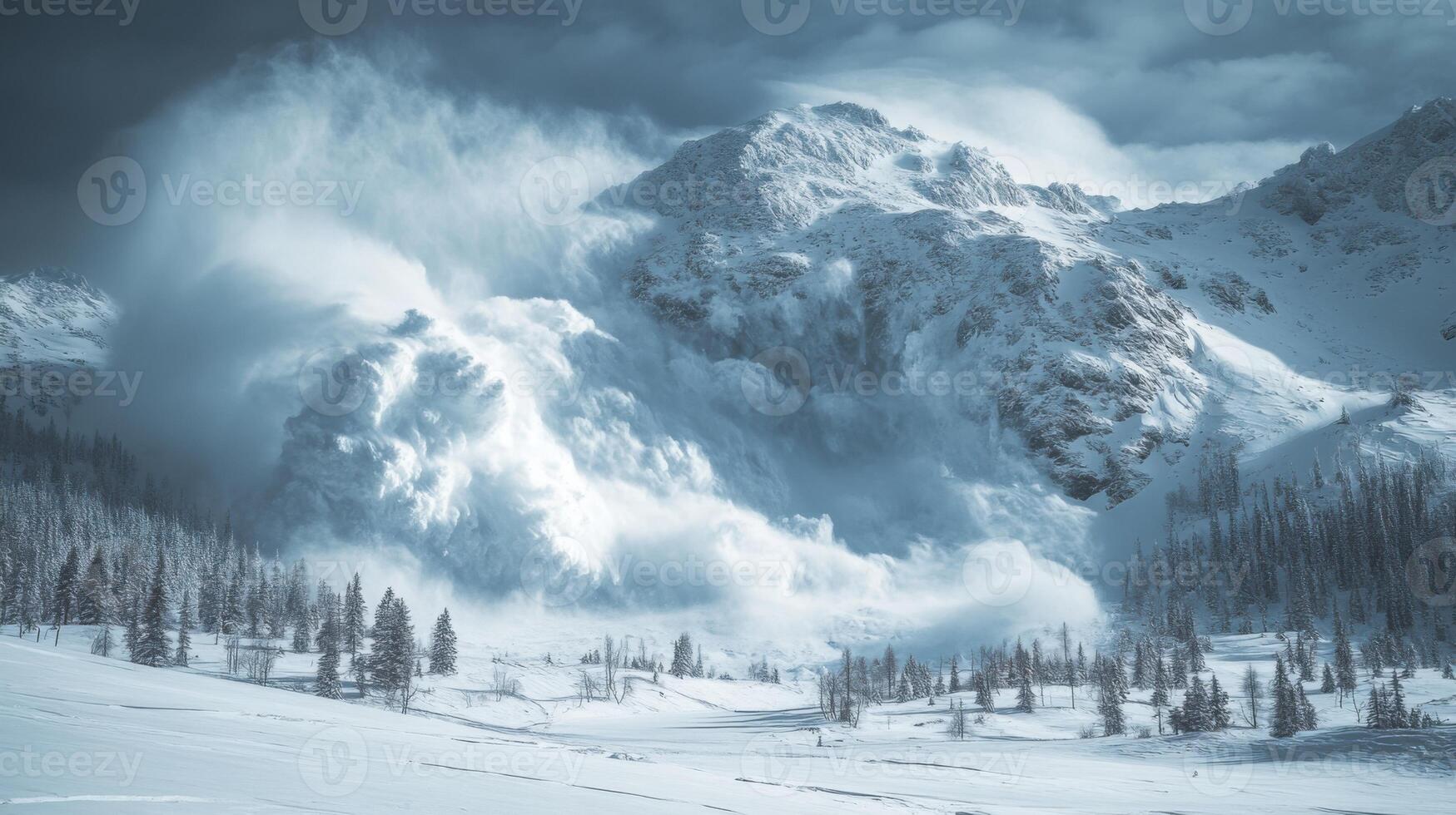 Mountain avalanche. Snow slides down snowy mountainside. Winter landscape with forest. Dangerous natural disaster. Cold weather scene. Blue sky overhead. photo