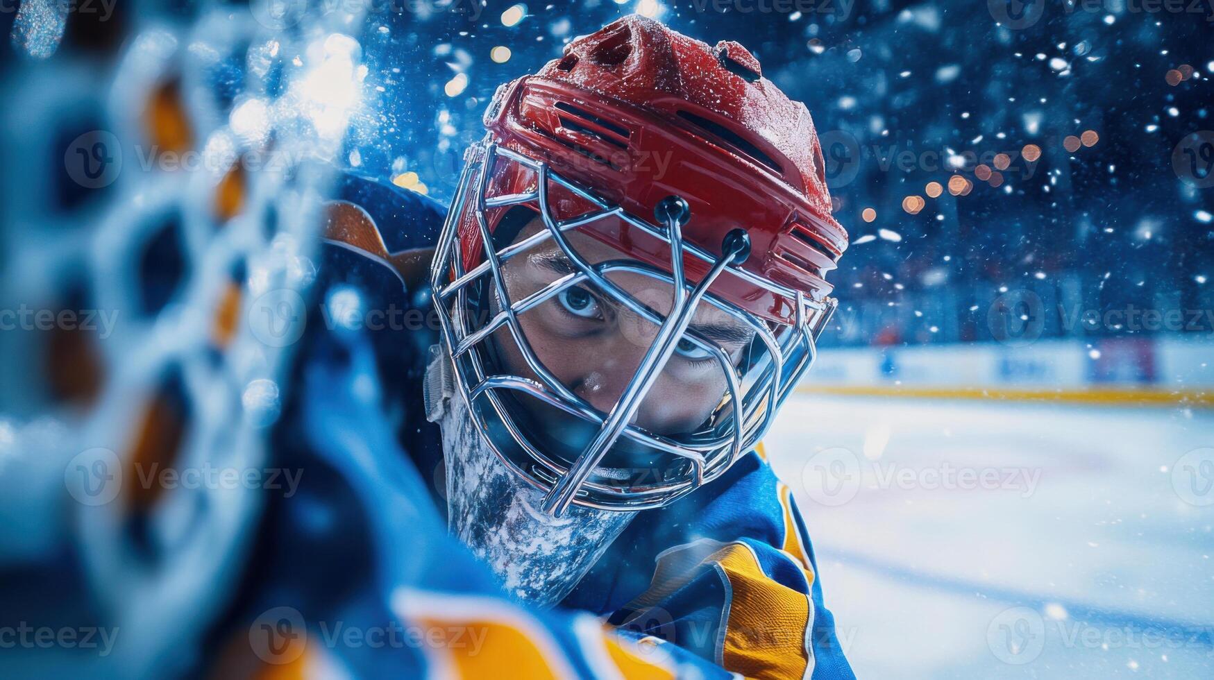 Ice Hockey goalie watches net. Close up of player face in helmet. Winter sport with snow on ice. Focus and determination. Team game. photo