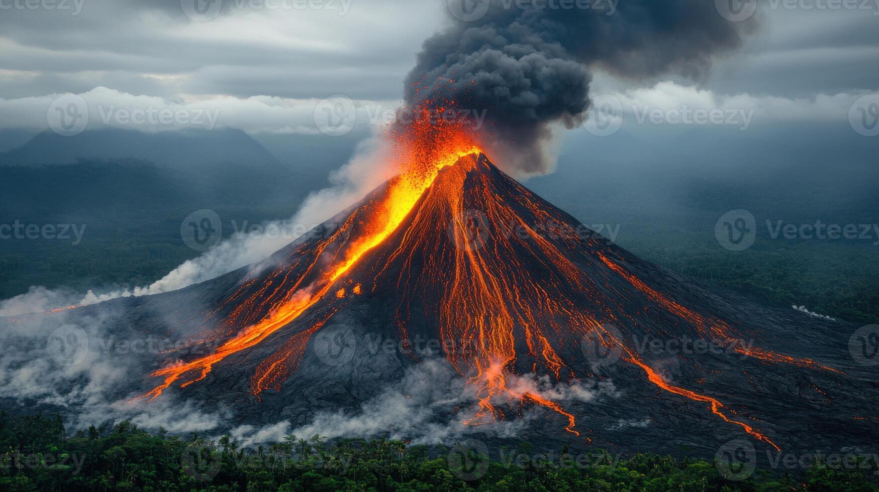 Large volcano erupts. Lava flows down. Dark smoke rises. Green forest surrounds. Nature and destruction. Power and danger. Volcanic landscape. Amazing view. Beautiful and intense. photo