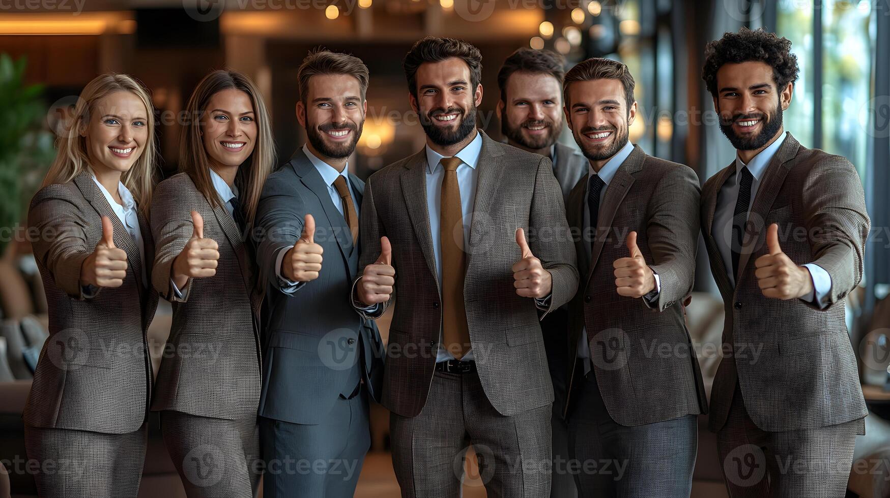 Team of professionals in a bright meeting room, giving thumbs up to express positivity photo