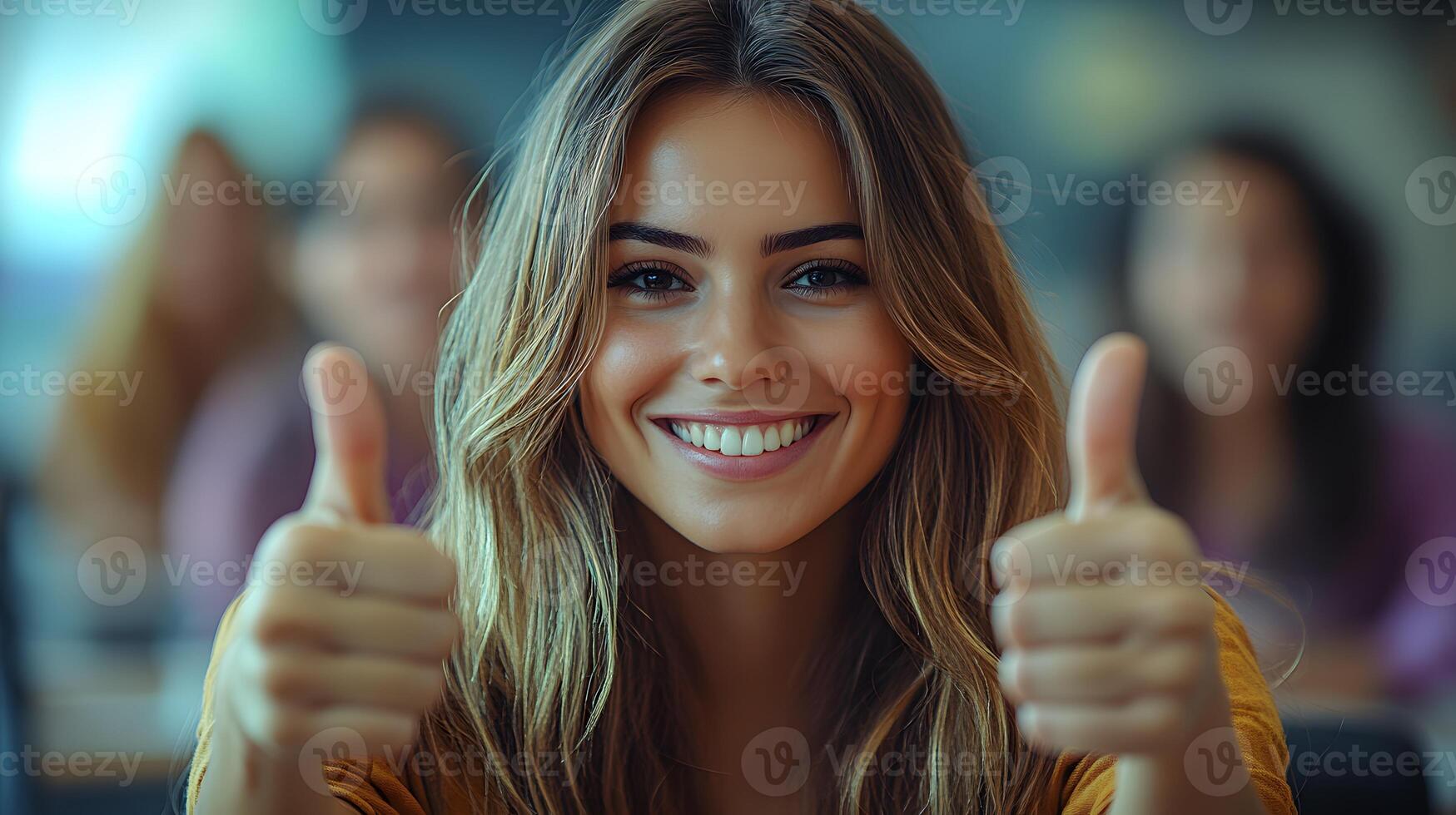 Team photo of professionals in a bright meeting room, giving thumbs up to express positivity
