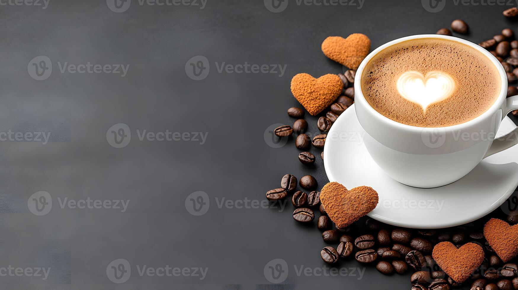Cappuccino with latte art in a stylish cup, surrounded by coffee beans, warm and earthy tones photo