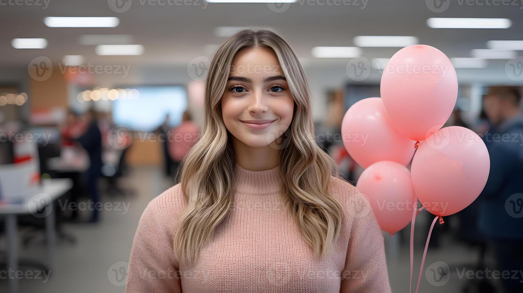 Team member handing out balloons during an office New Year party photo