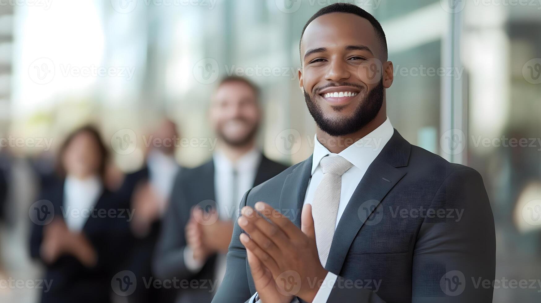 Employees from various background celebrating a success, clapping and smiling in a modern office photo