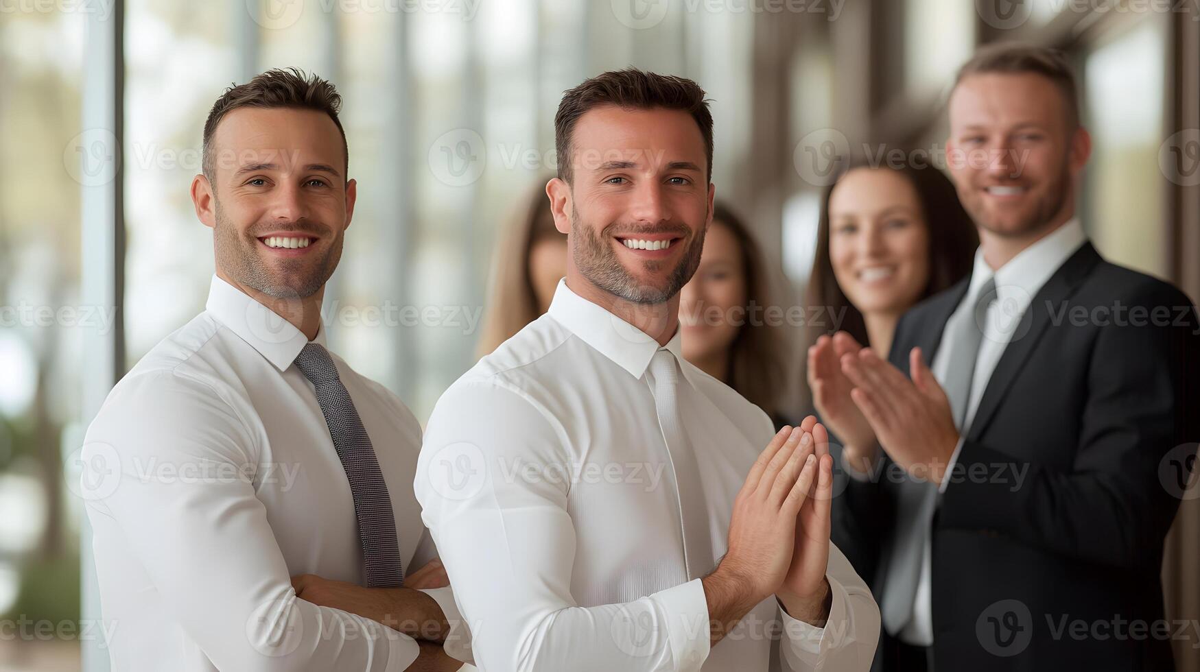 Employees from various backgrounds celebrating a success, clapping and smiling in a modern office photo