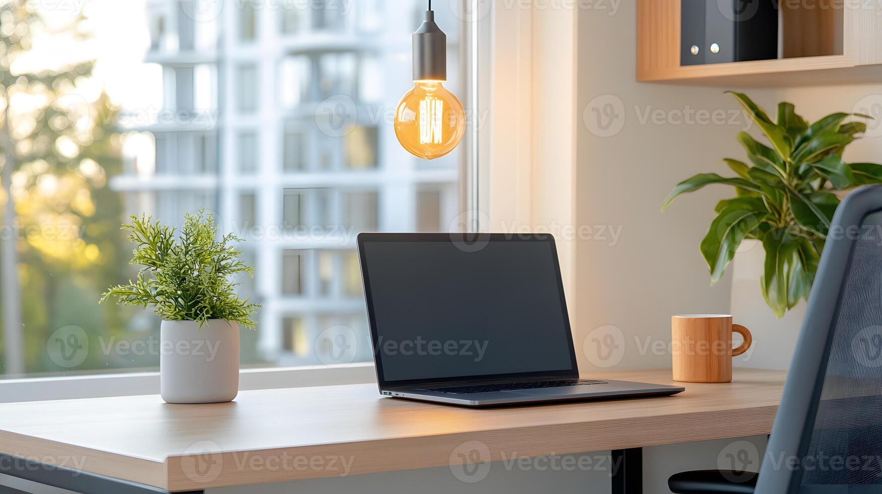 professional remote work setup featuring a laptop on a wooden desk, a cup of coffee, and natural light streaming through a window photo