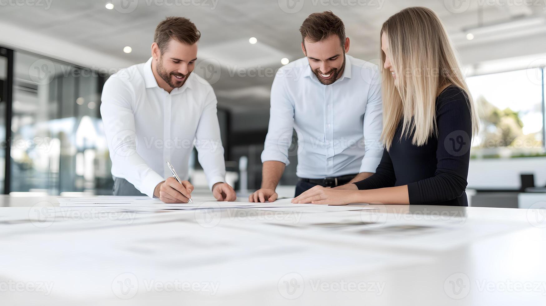 Excited couple signing papers with a real estate agent at a desk, surrounded by property brochures photo