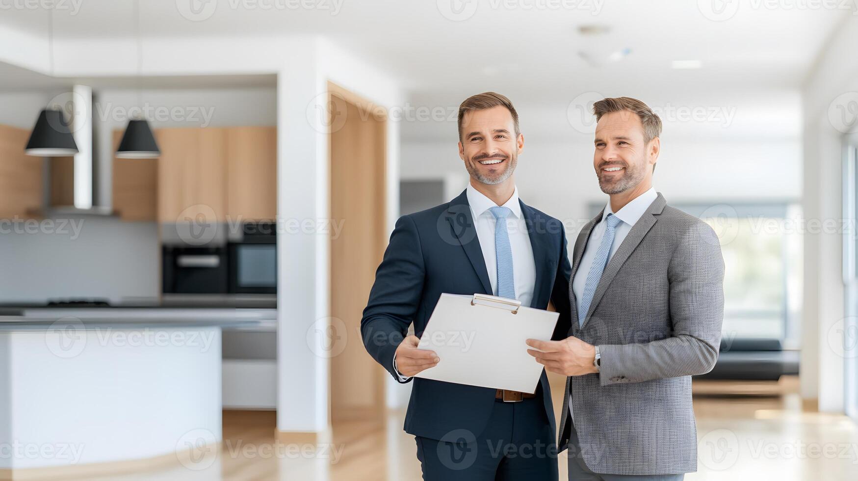 Real estate agent showing a couple a modern kitchen during a home tour, with smiles and enthusiasm photo