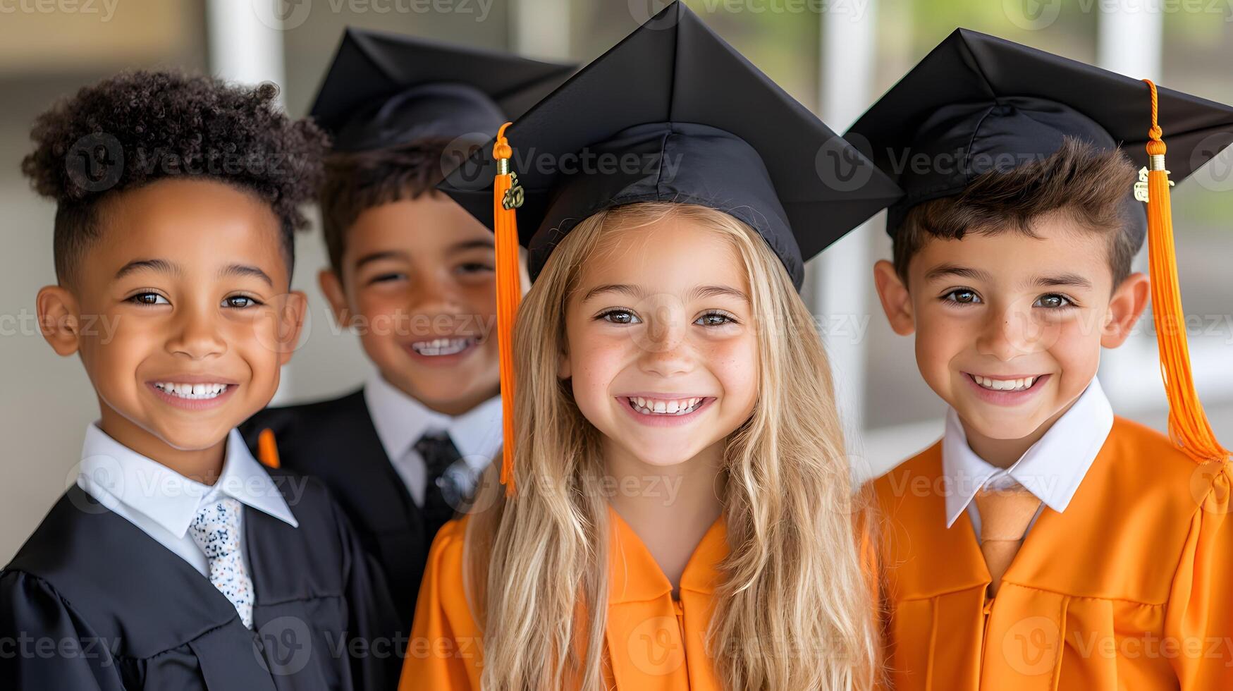 Elementary students dressed in colorful graduation outfits smiling for photo with teachers