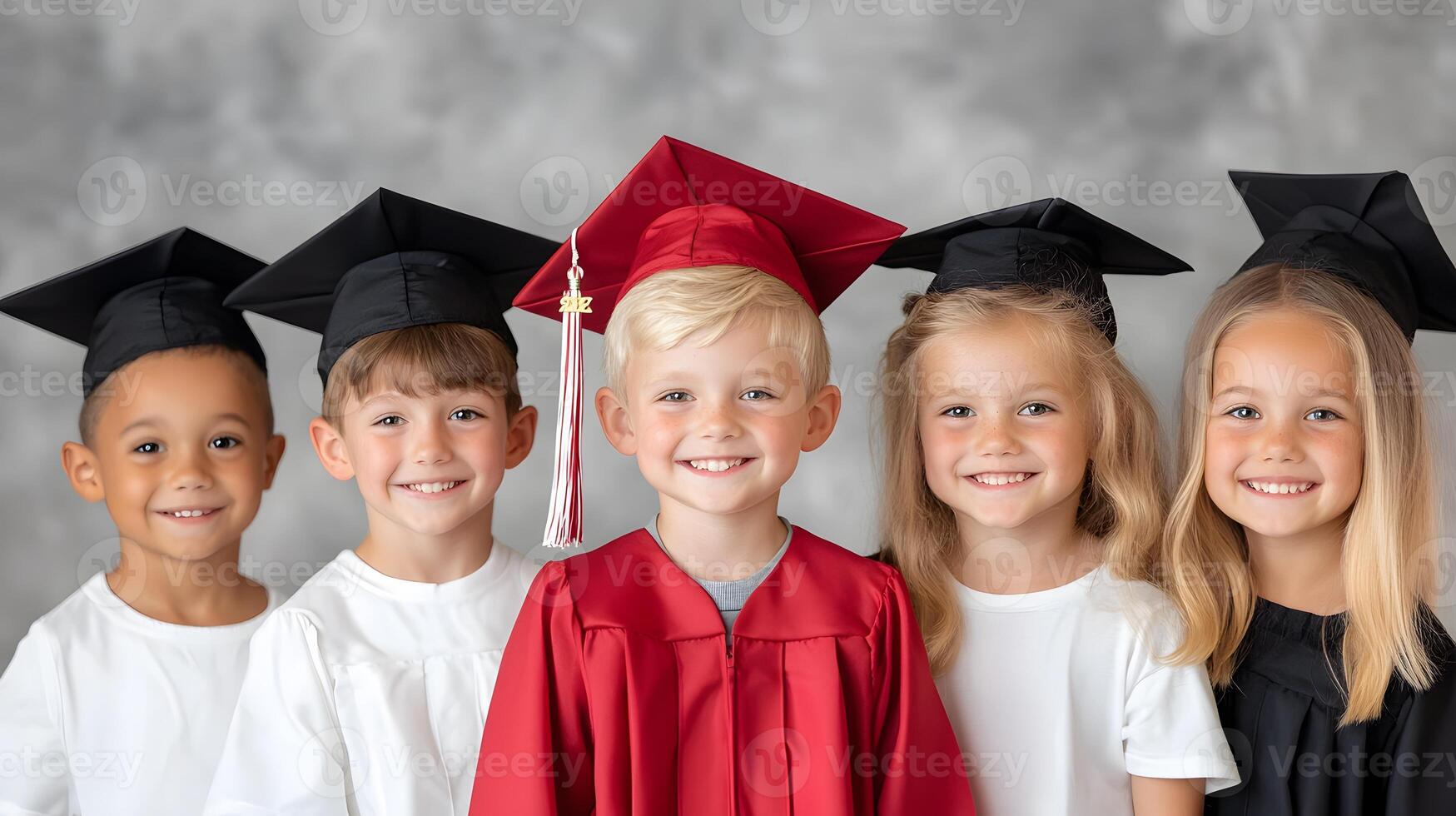 Elementary students dressed in colorful graduation outfits smiling for a group photo with teachers