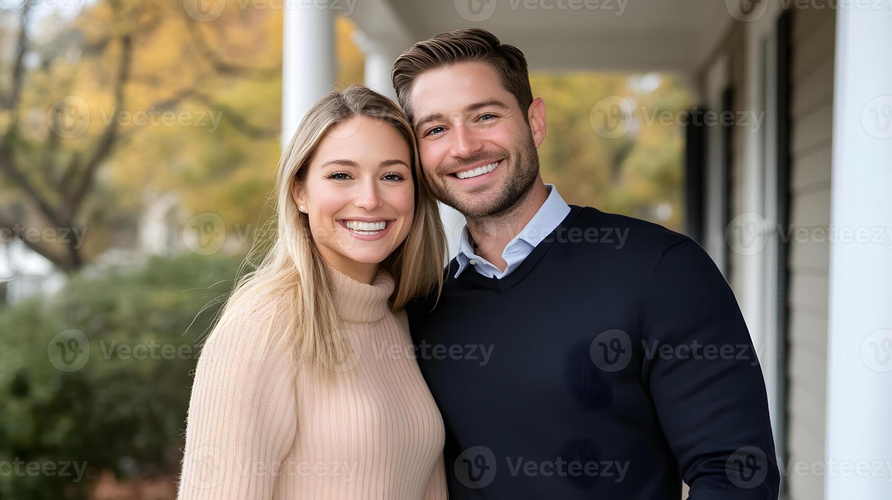 Couple celebrating with real estate agent after receiving the keys to their first home, standing on front porch photo