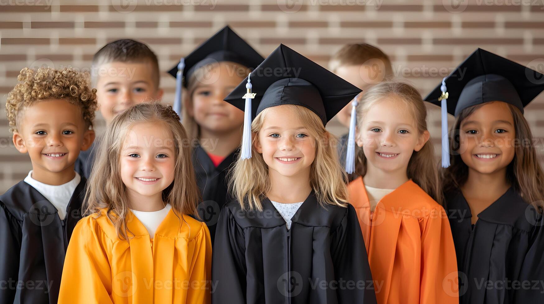 Elementary students dressed in colorful graduation outfits smiling for group photo with teachers