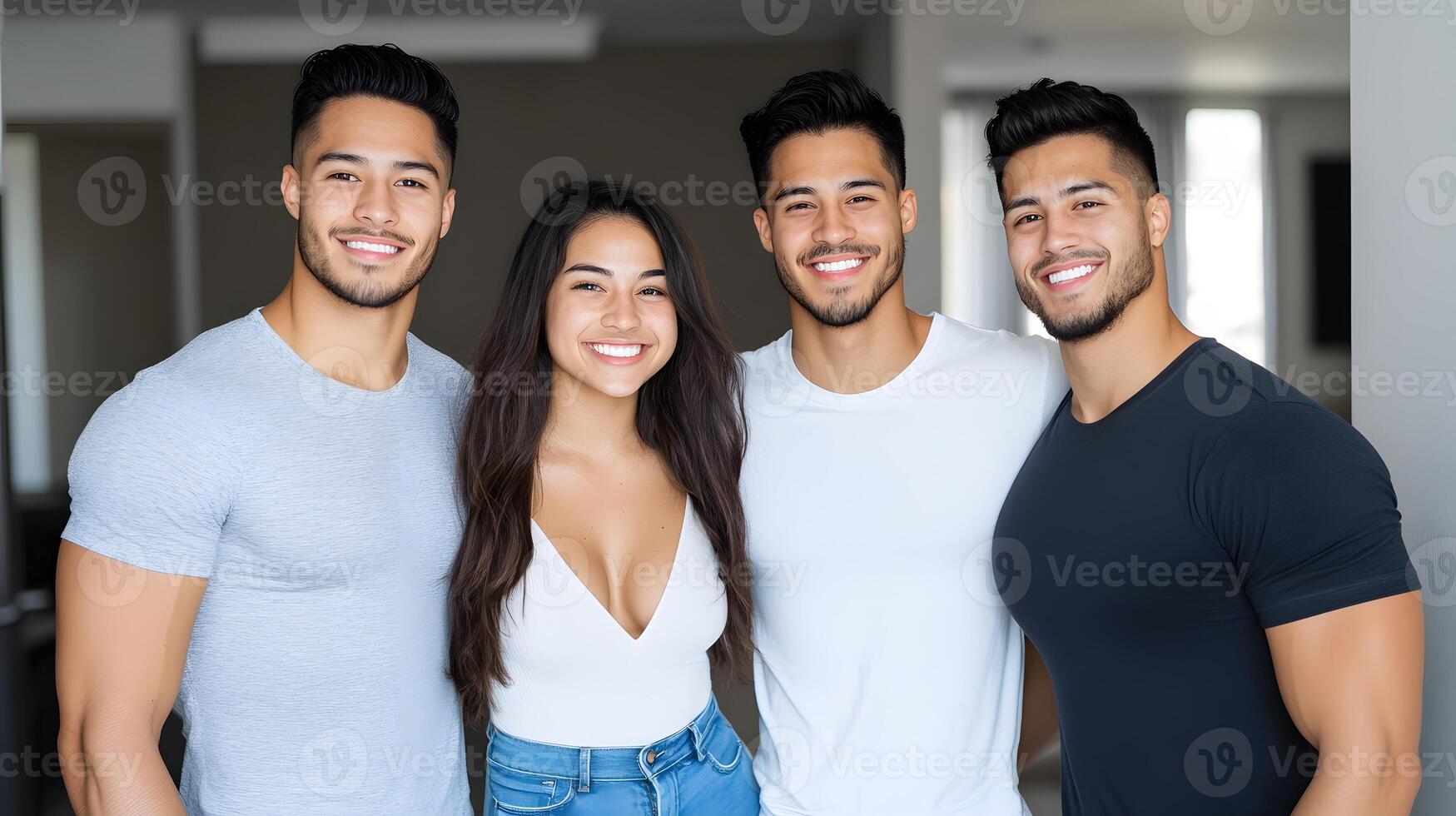 Family standing together proudly in a well-organized dorm room, celebrating a new chapter photo
