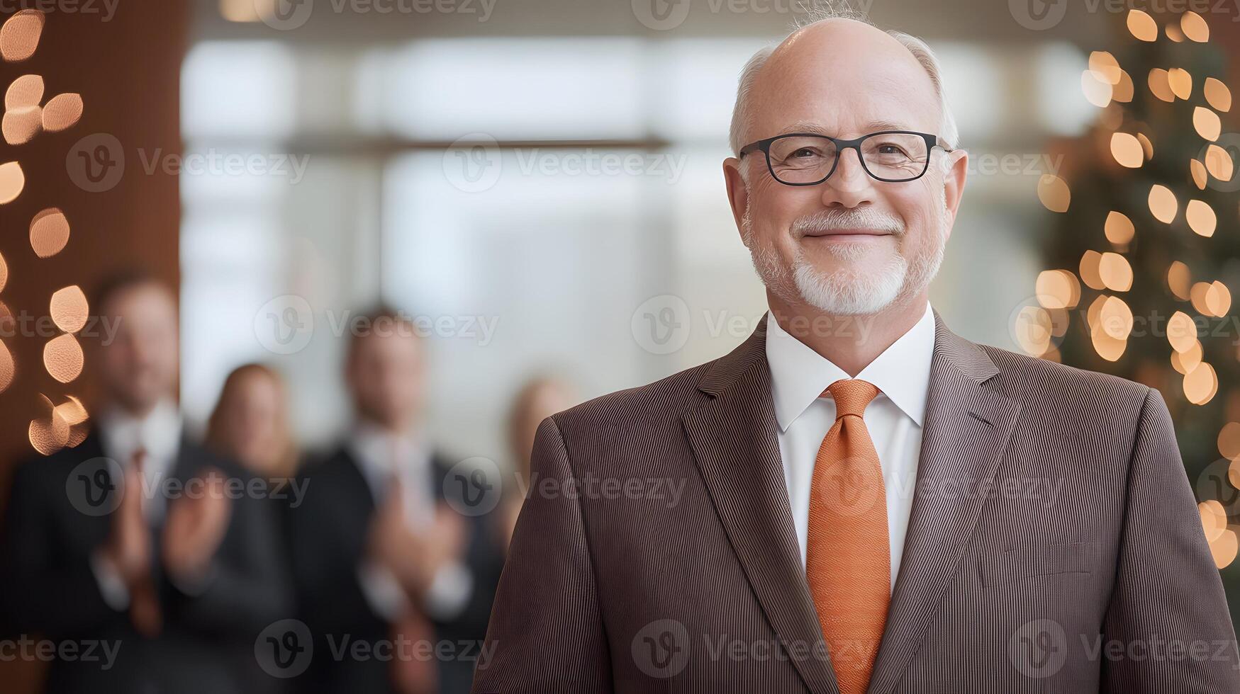 Retiree giving farewell speech while colleagues applaud in a well-decorated office space photo