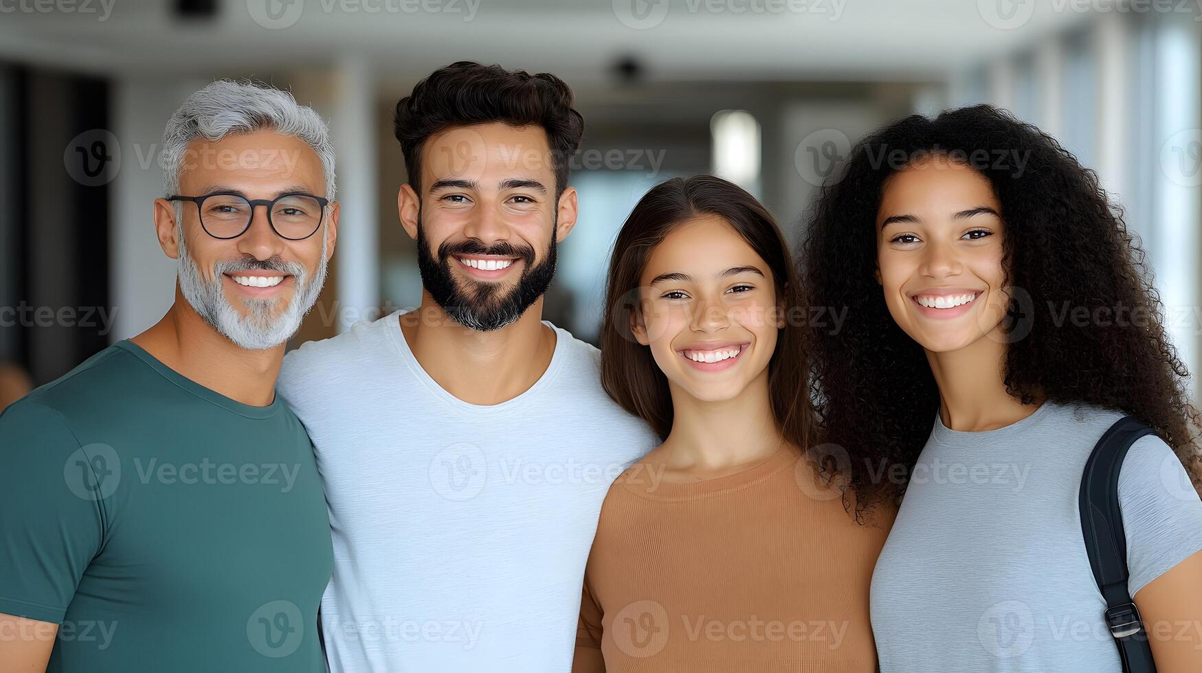 Family standing together proudly in well-organized dorm room, celebrating a new chapter photo