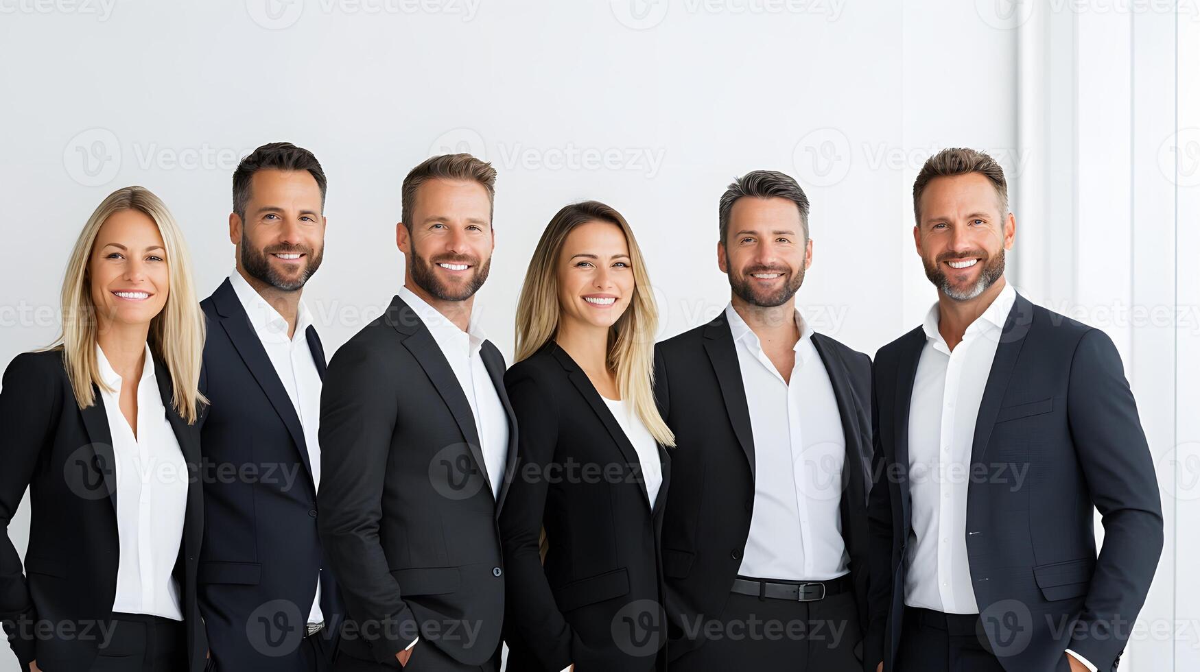 Confident group of employees standing near an organized ideas board in a professional workplace, full body wide angle photo