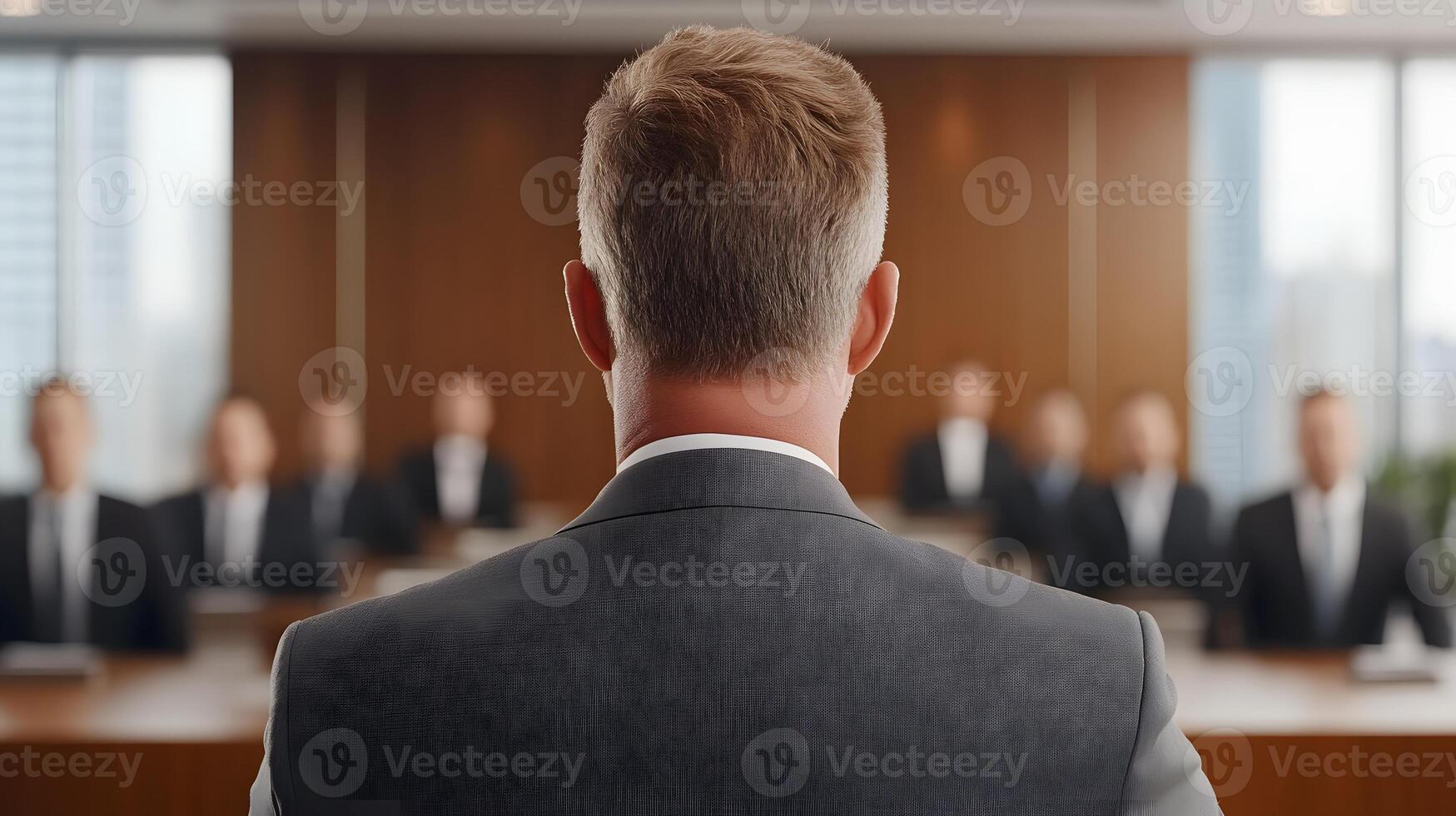 CEO addressing a motivated team in a professional workplace setting, full body wide angle photo