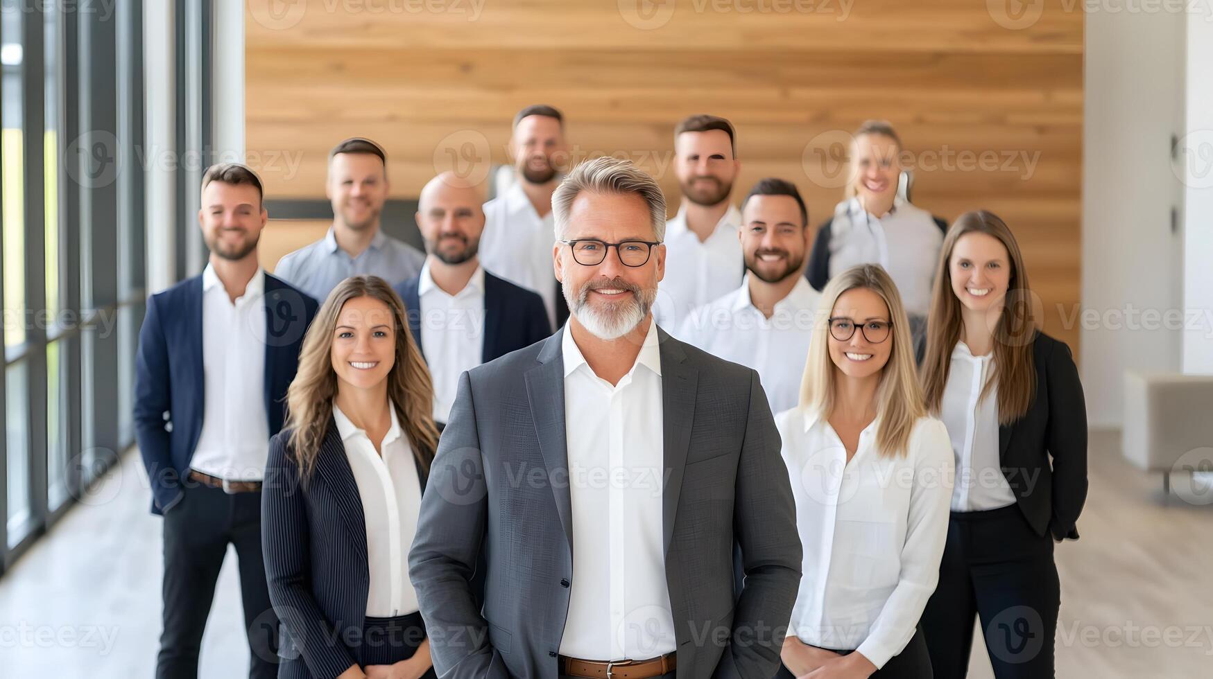 CEO standing at the center of employee group in a large conference area, full body wide angle photo