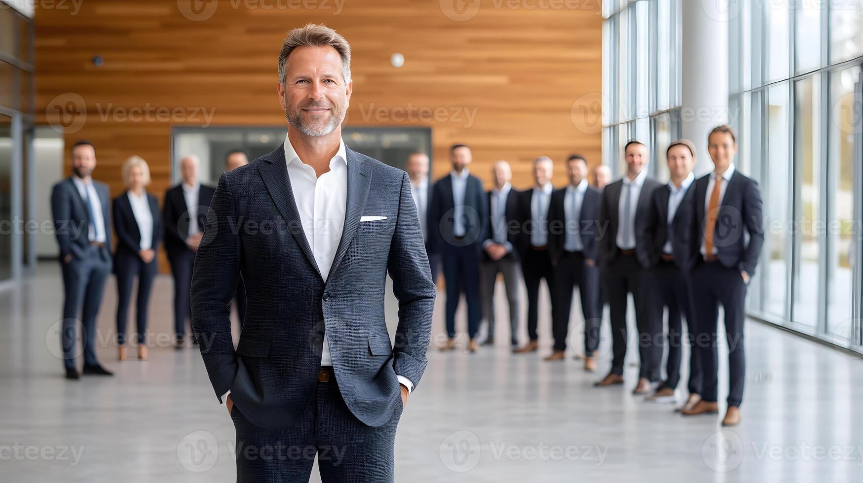 CEO standing the center of an employee group in a large conference area, full body wide angle photo