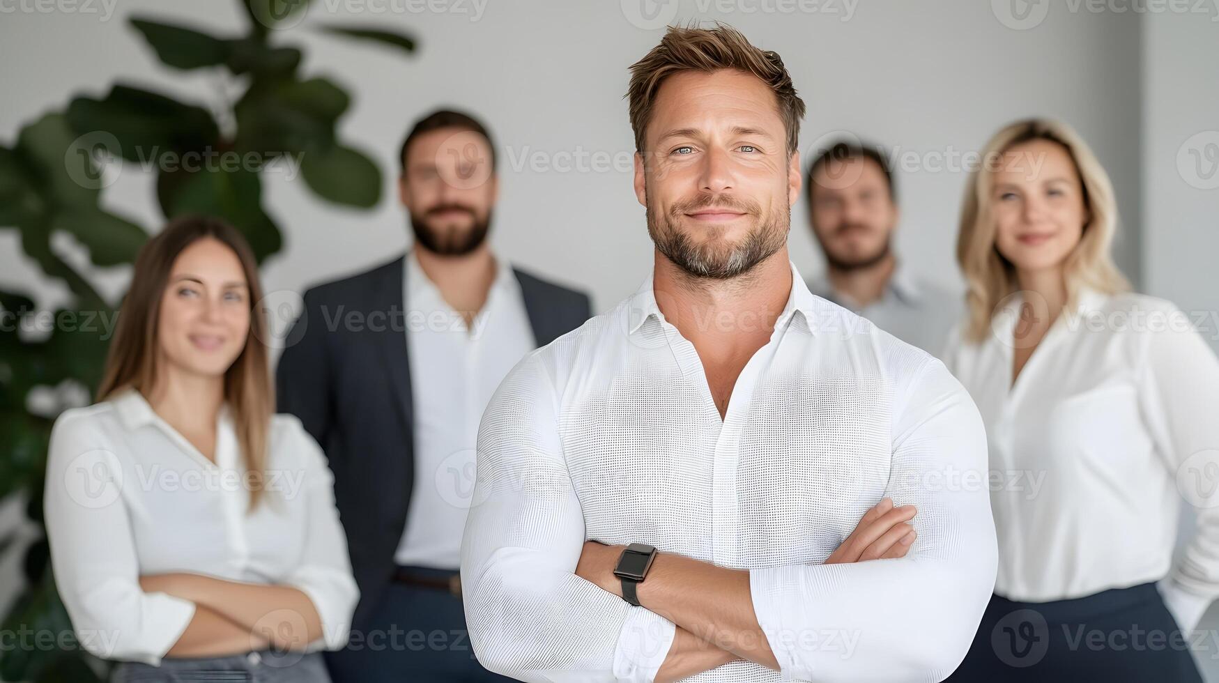 Confident executive leader standing in a relaxed pose with employees behind, modern office design, photo