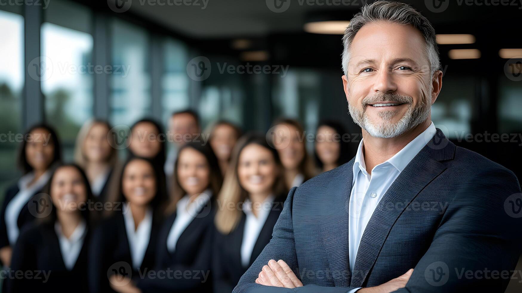 Visionary CEO posing confidently in front of a group of smiling team members in an office setting photo