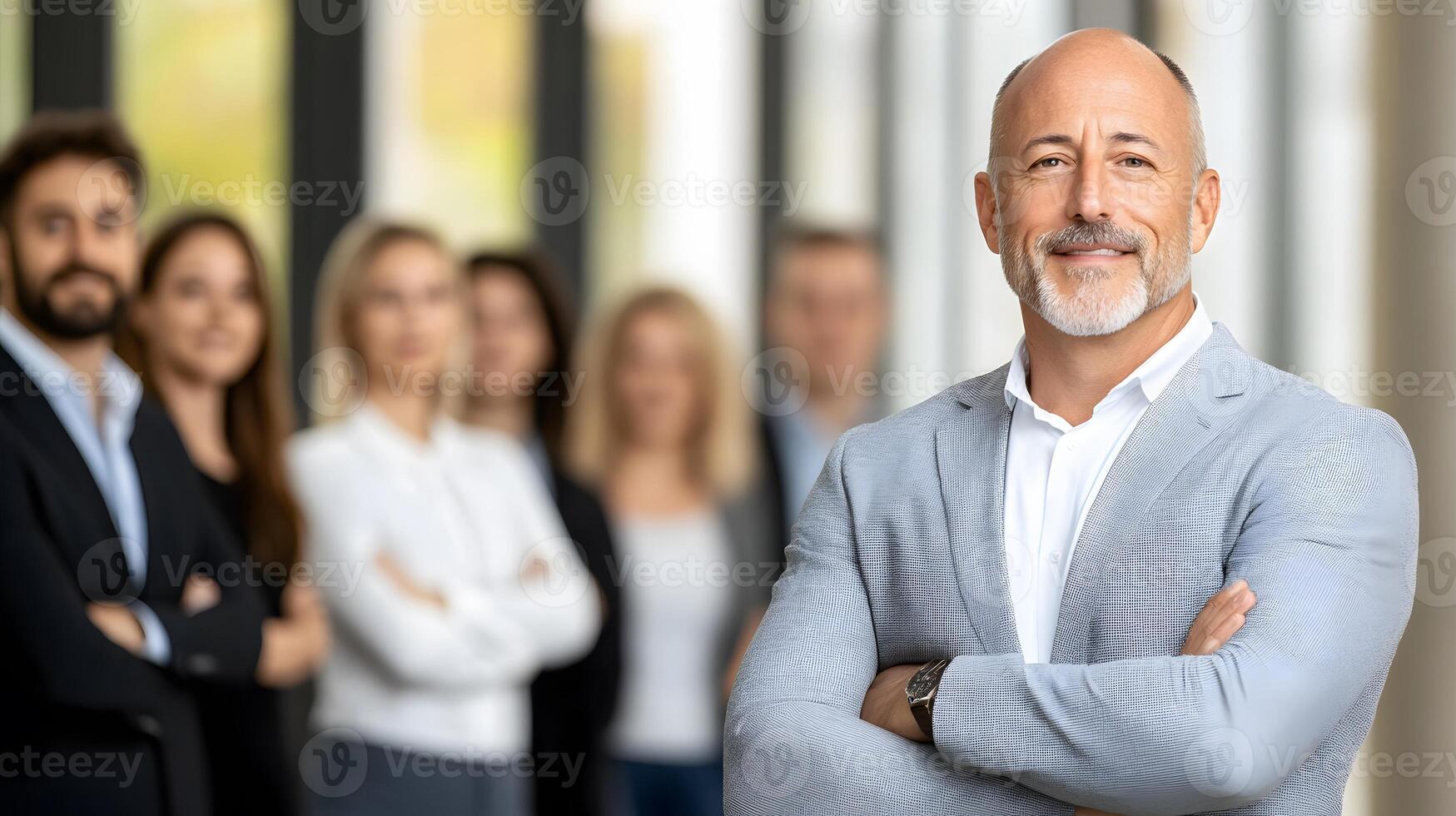 CEO exuding confidence with a team of employees standing together in unity, workplace environment, full body wide angle photo