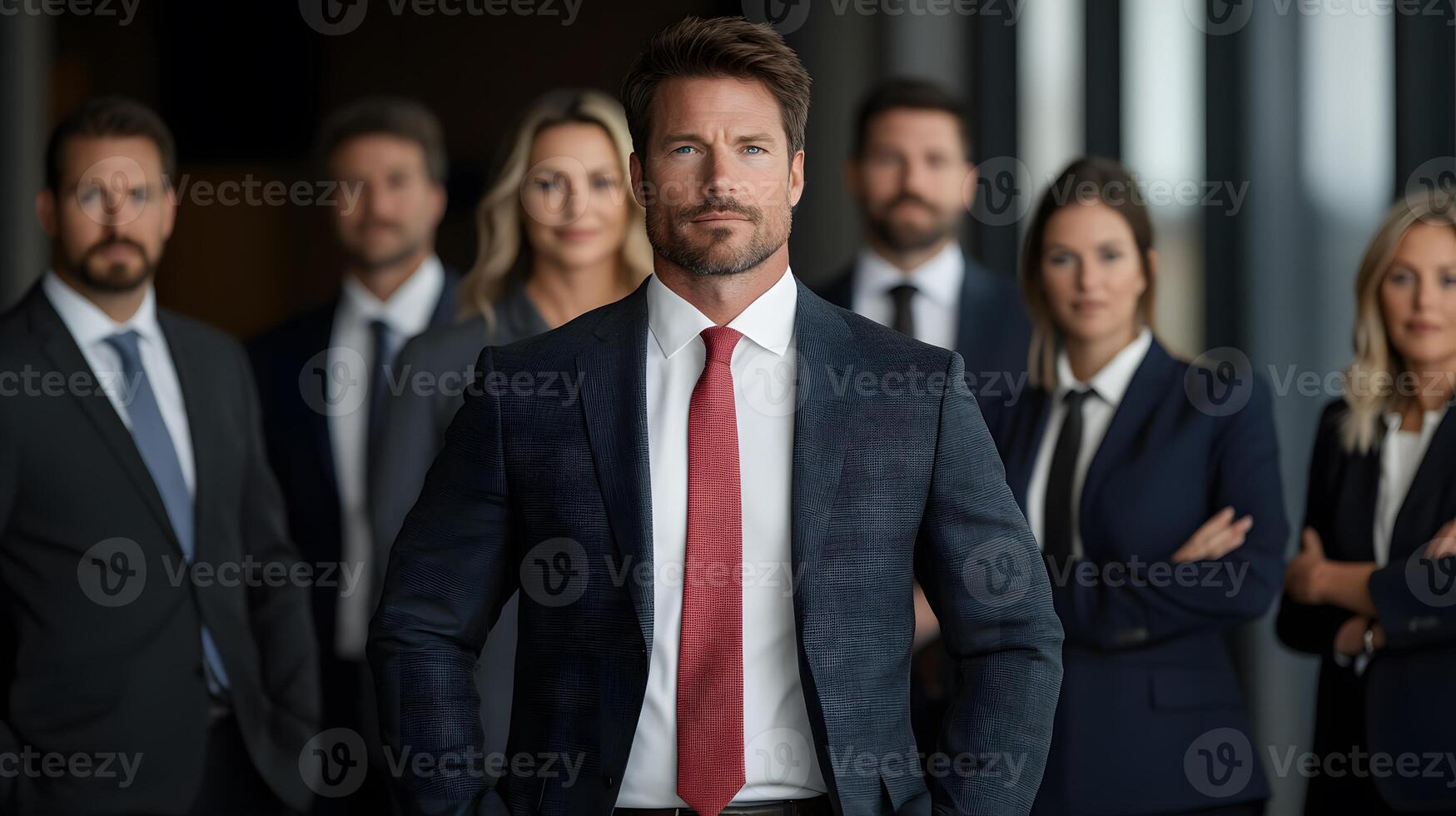 executive surrounded by team of collaborative employees in a dynamic workspace, full body wide angle photo