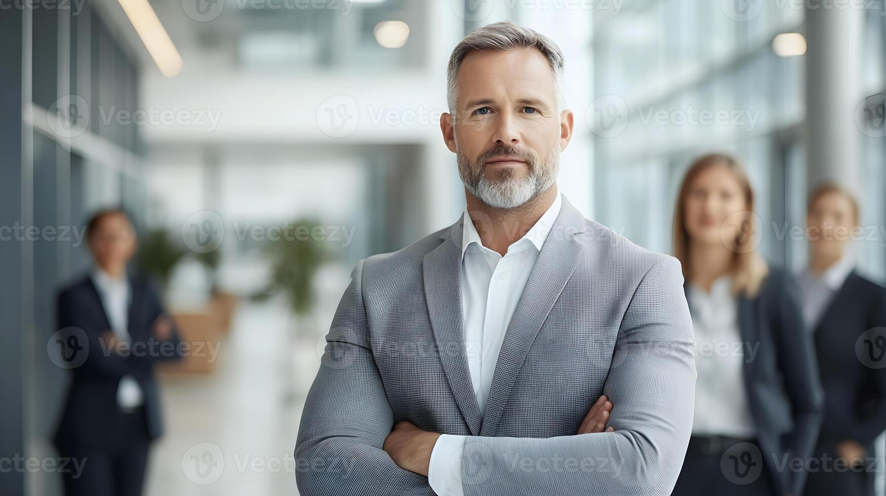 Confident executive surrounded by team of collaborative employees in a dynamic workspace, full body wide angle photo