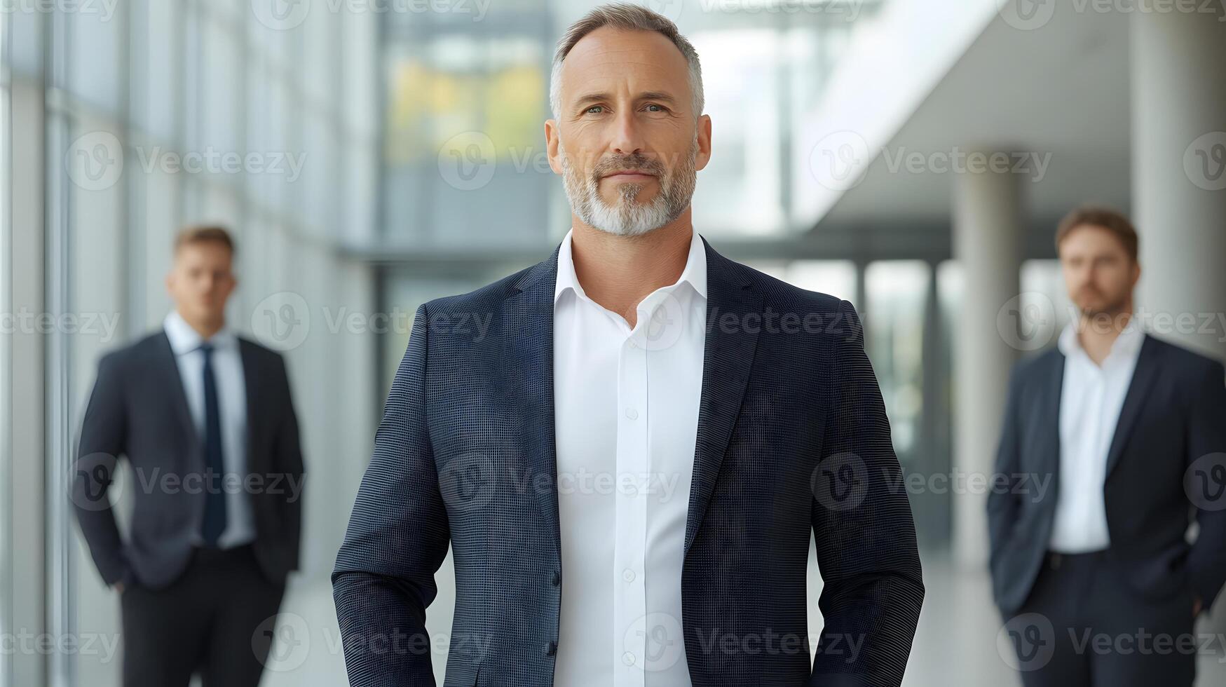 Professional CEO standing confidently in front of employees in a formal business environment, full body wide angle photo