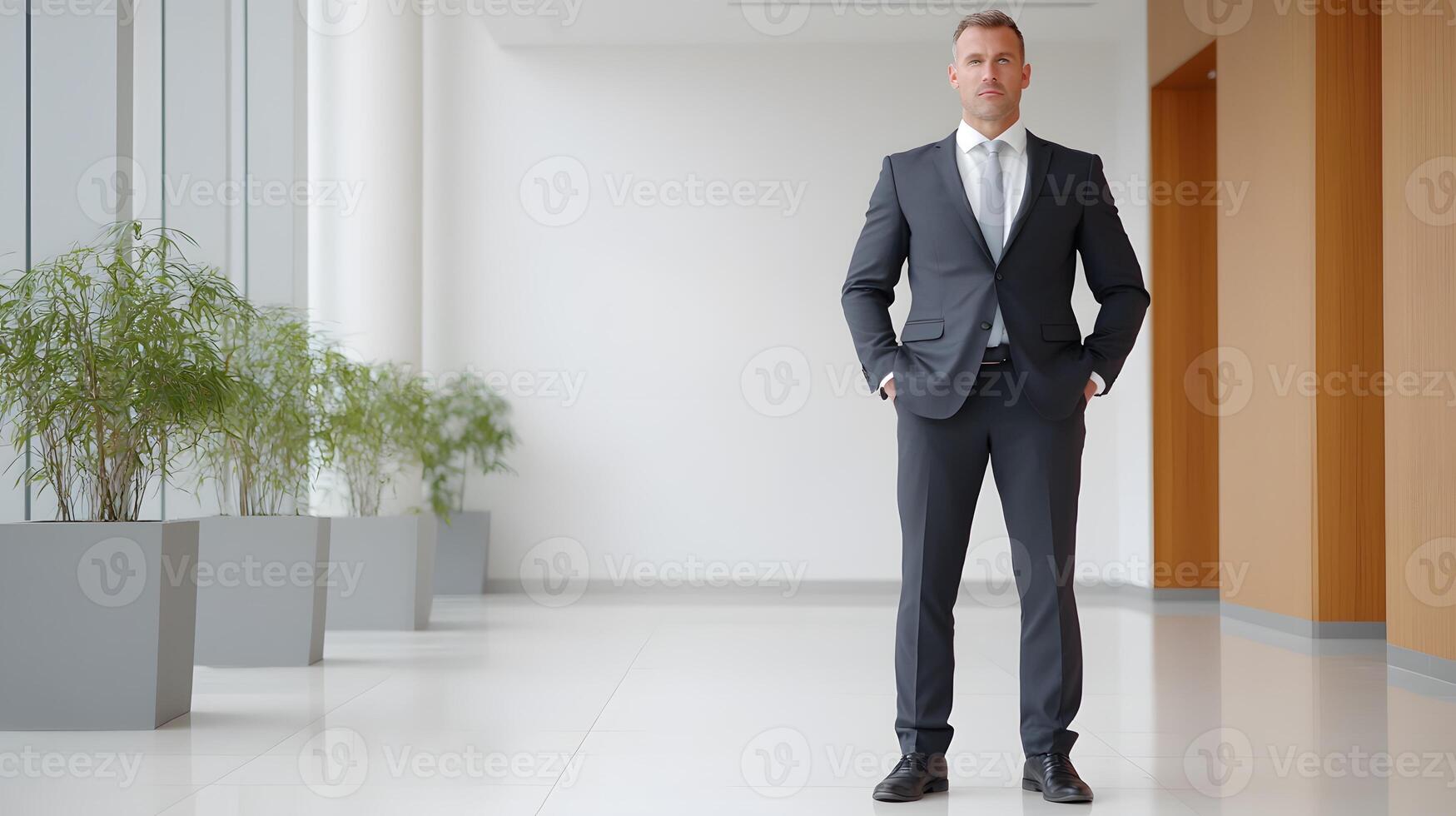 Business leader in poised stance addressing employees in a cutting-edge workspace, full body wide angle photo