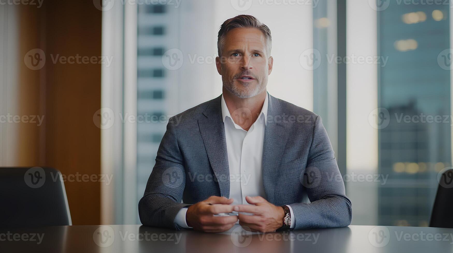 Professional CEO presenting to a team in a sleek conference area, full body wide angle photo