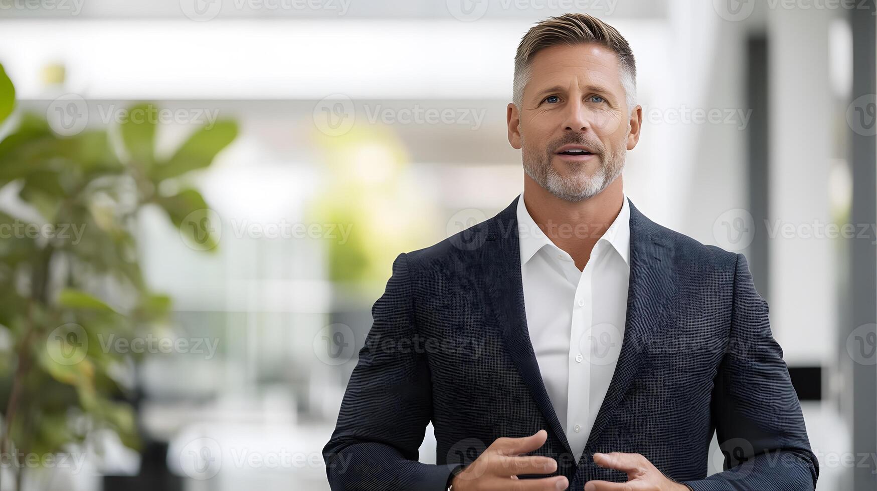 CEO with positive demeanor addressing a diverse group of employees, corporate office background, full body wide angle photo