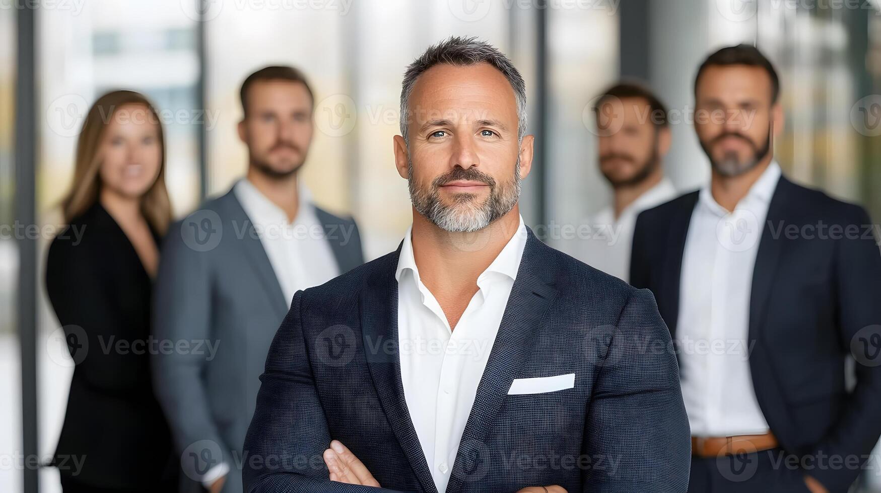 Confident business executive leading a team of professionals in a modern corporate setting, full body wide angle photo
