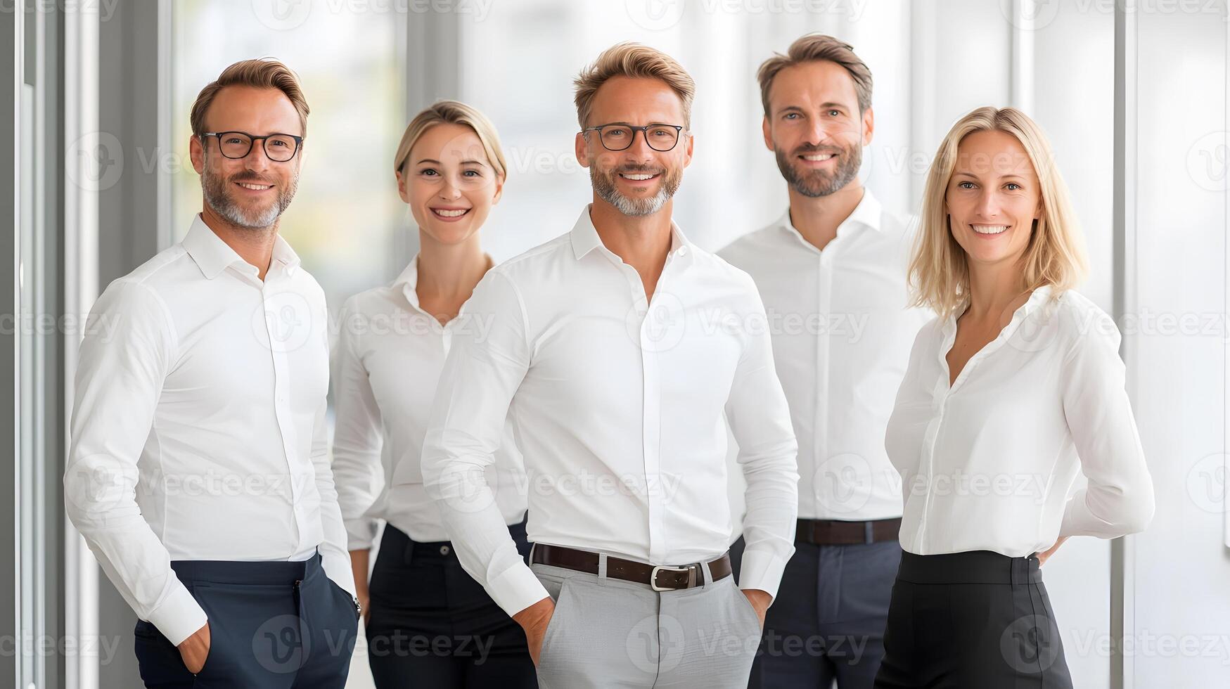 Business team with cheerful demeanor standing in front of a whiteboard, modern office environment, full body wide angle photo