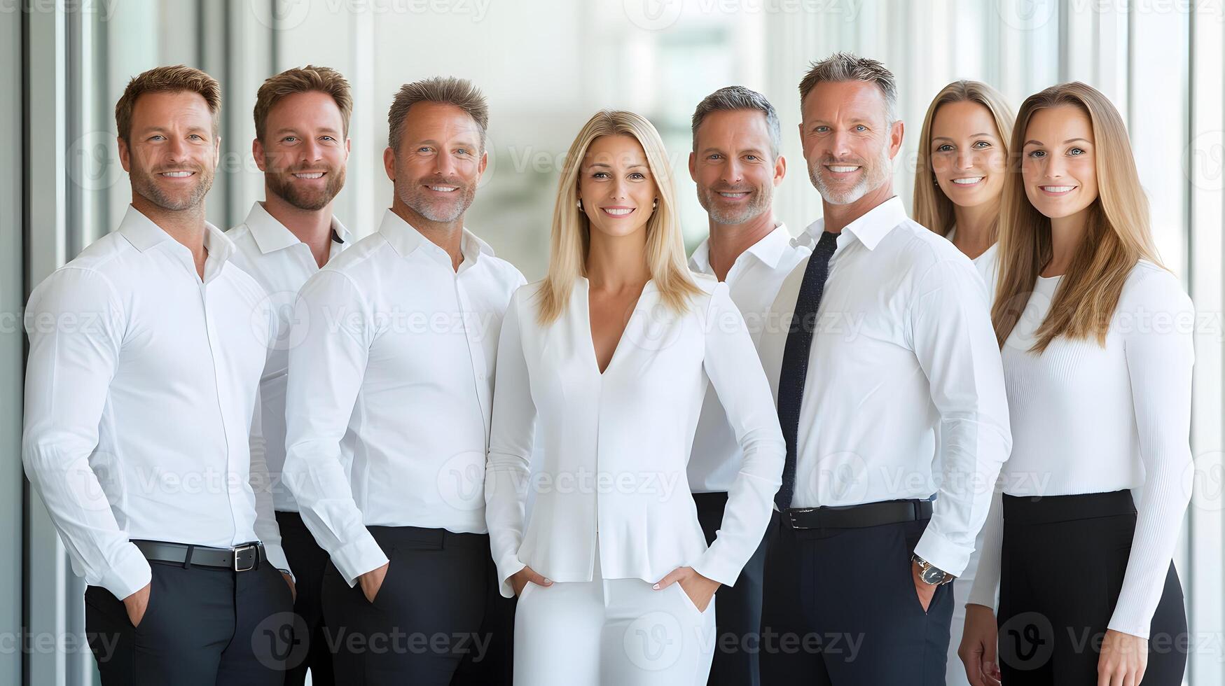 Professional team gathered near a presentation board with confident poses photo