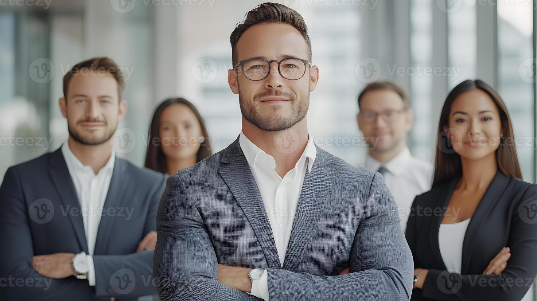 Business team confidently standing near a strategy board in a bright environment. photo
