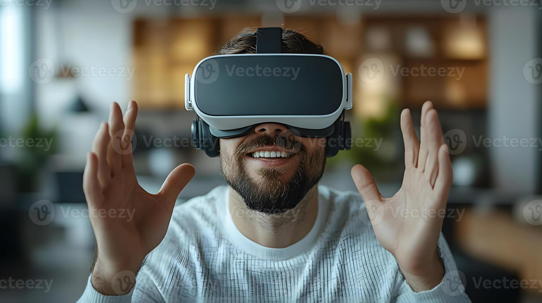 Professional seated in a tech-driven office using VR goggles, making energetic movements in a virtual environment photo