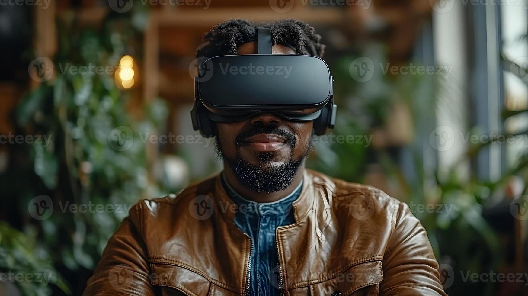 Professional seated in a tech-driven office using VR goggles, making energetic movements in virtual environment photo