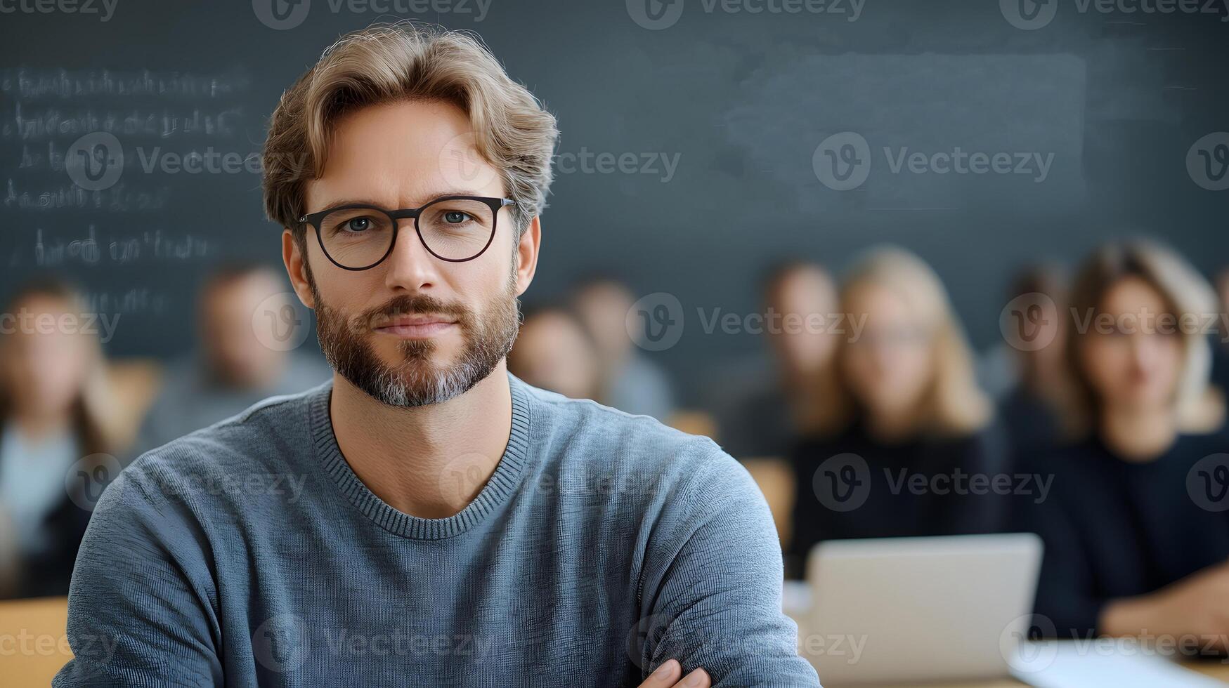 Virtual lecture by a physicist, with scientific equations displayed on screen and a captivated online audience photo