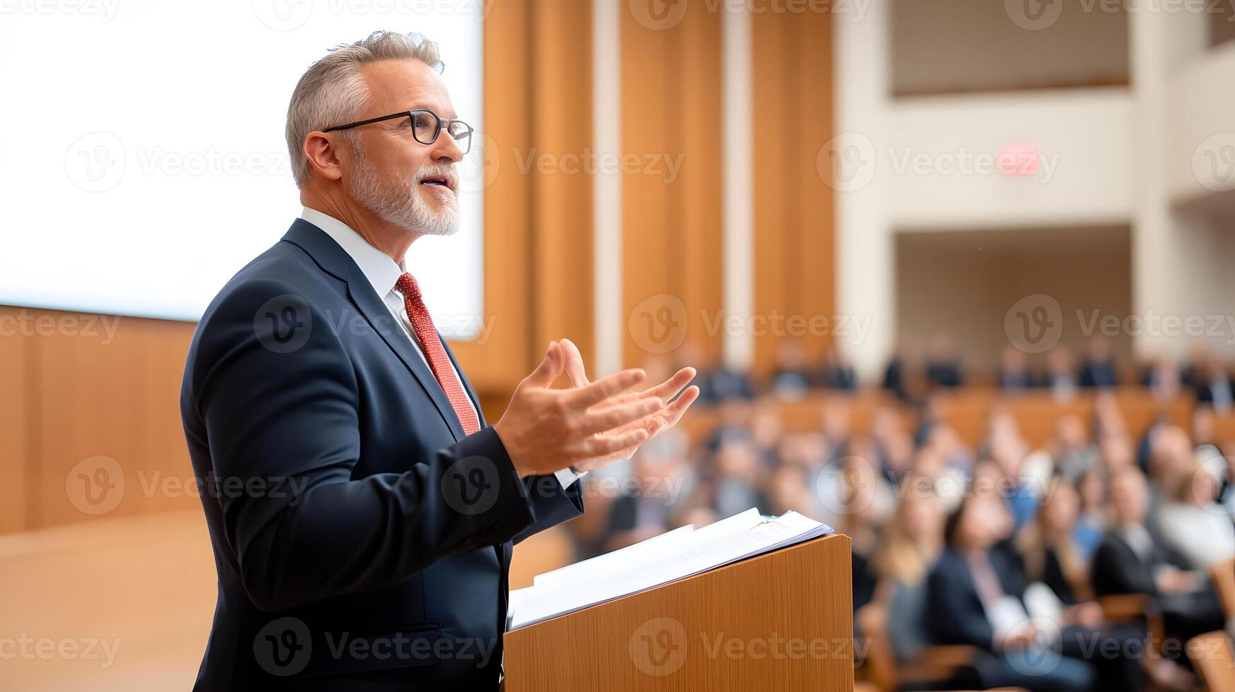 In-person lecture by a renowned writer on stage with a captivated audience photo