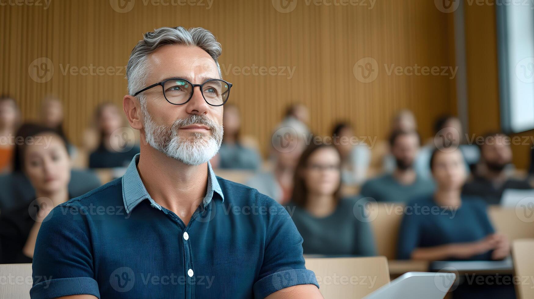 Virtual lecture by a physicist, with scientific equations displayed on screen and captivated online audience photo