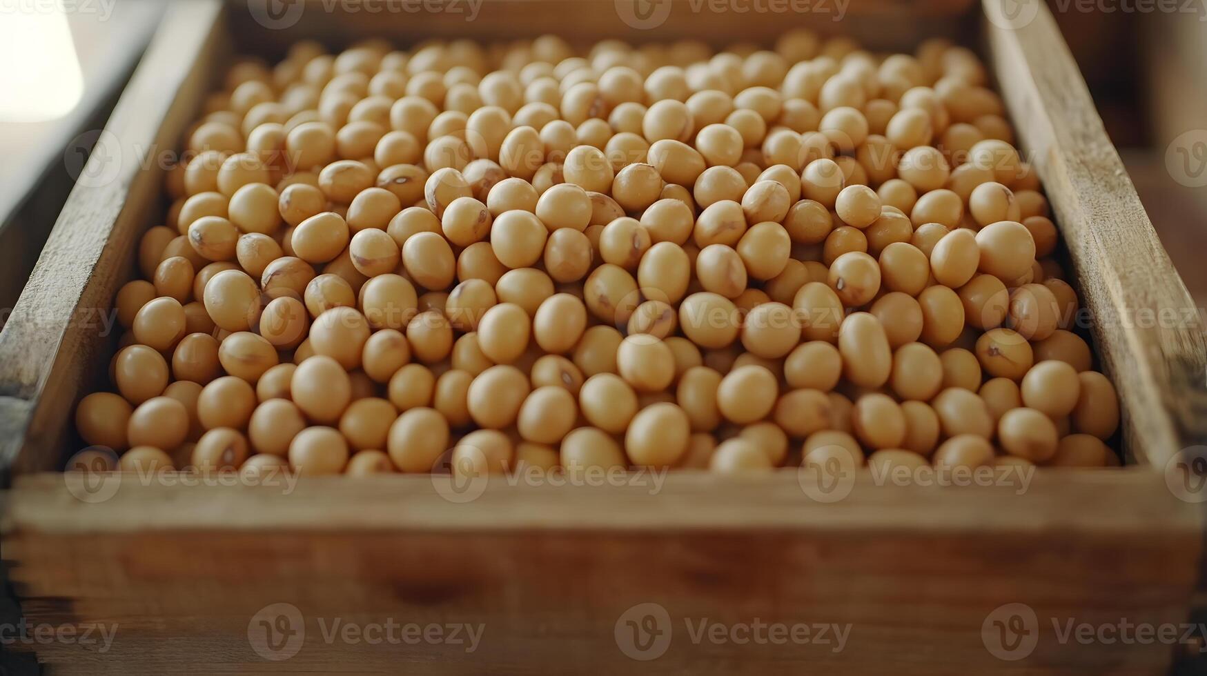 A close-up of roasted soybeans used in the Setsubun festival, placed in a beautifully crafted wooden box photo