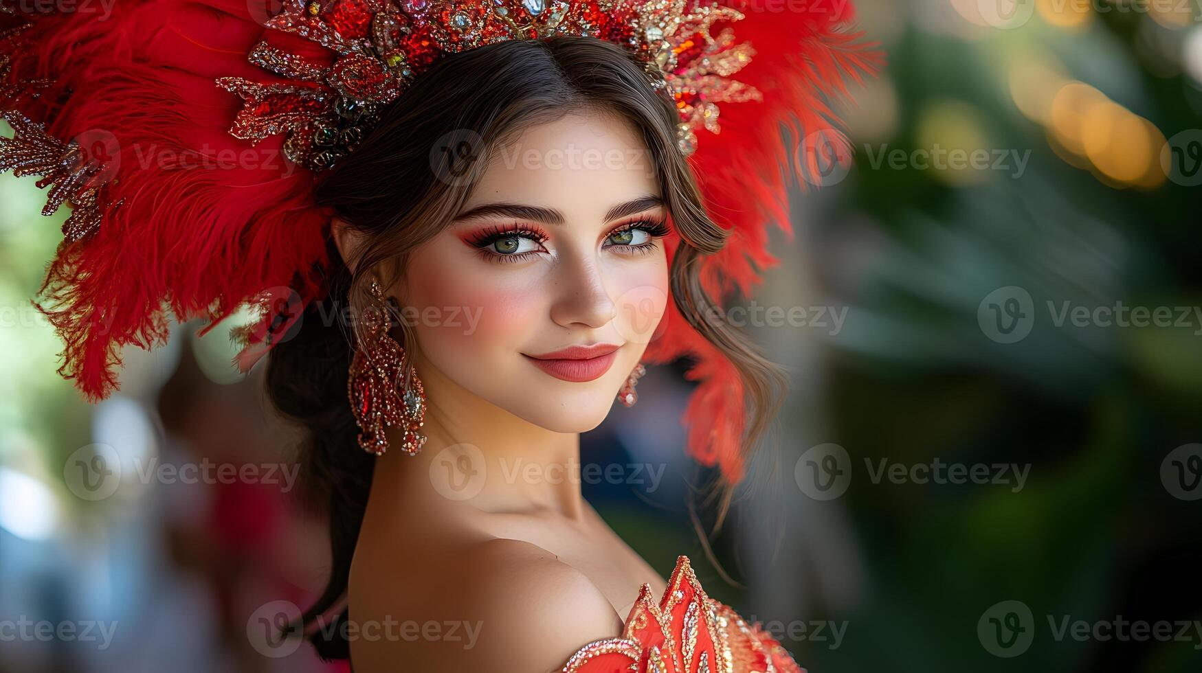 A close-up of a performer with intricate makeup and a feathered headpiece at Rio Carnival photo