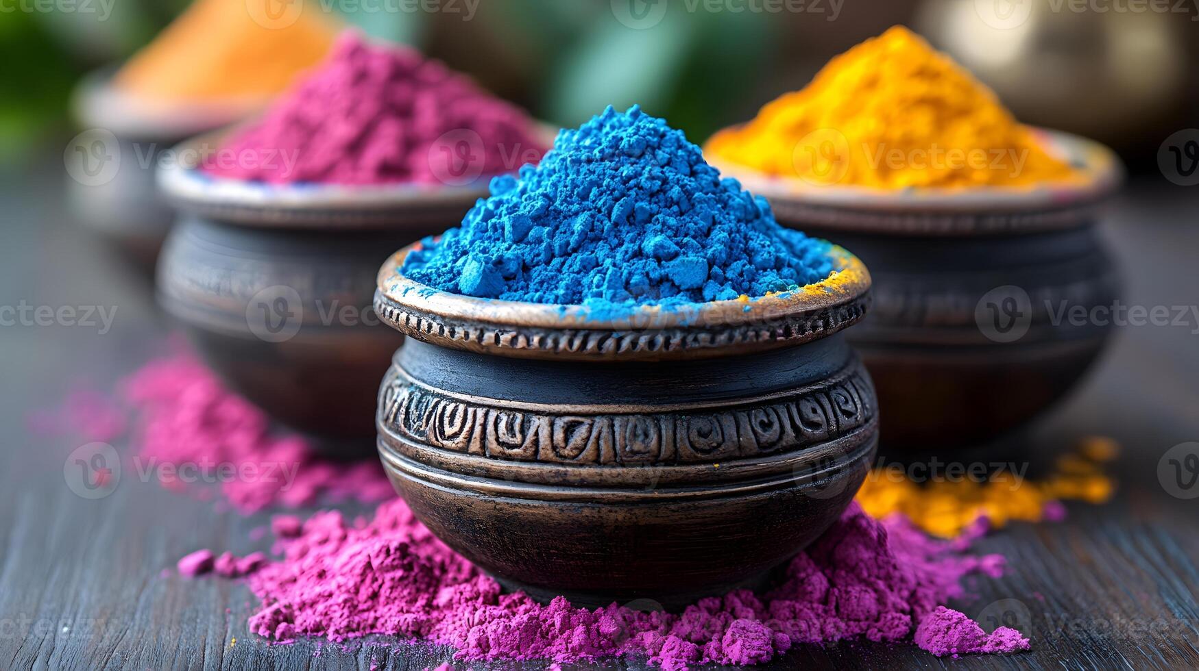 Artistic photo of vibrant Holi powders scattered on a surface with traditional Indian decor in the background