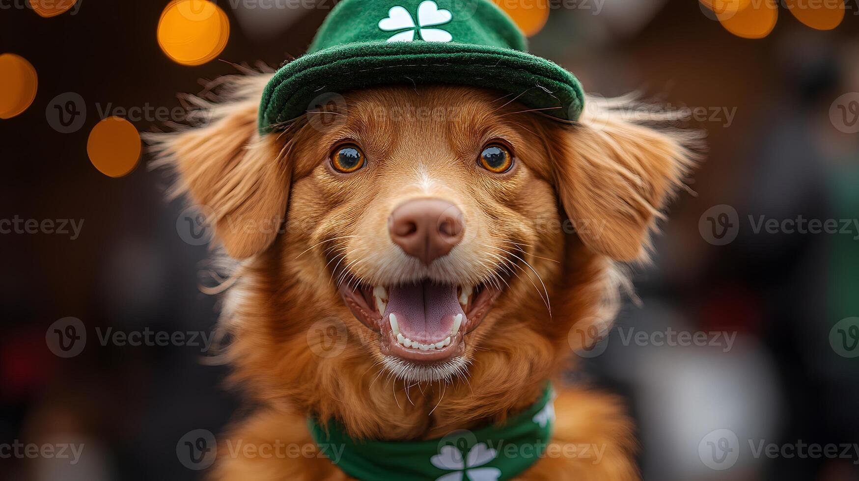 A cheerful dog wearing a green hat and shamrock bandana for a St. Patricks Day parade. photo