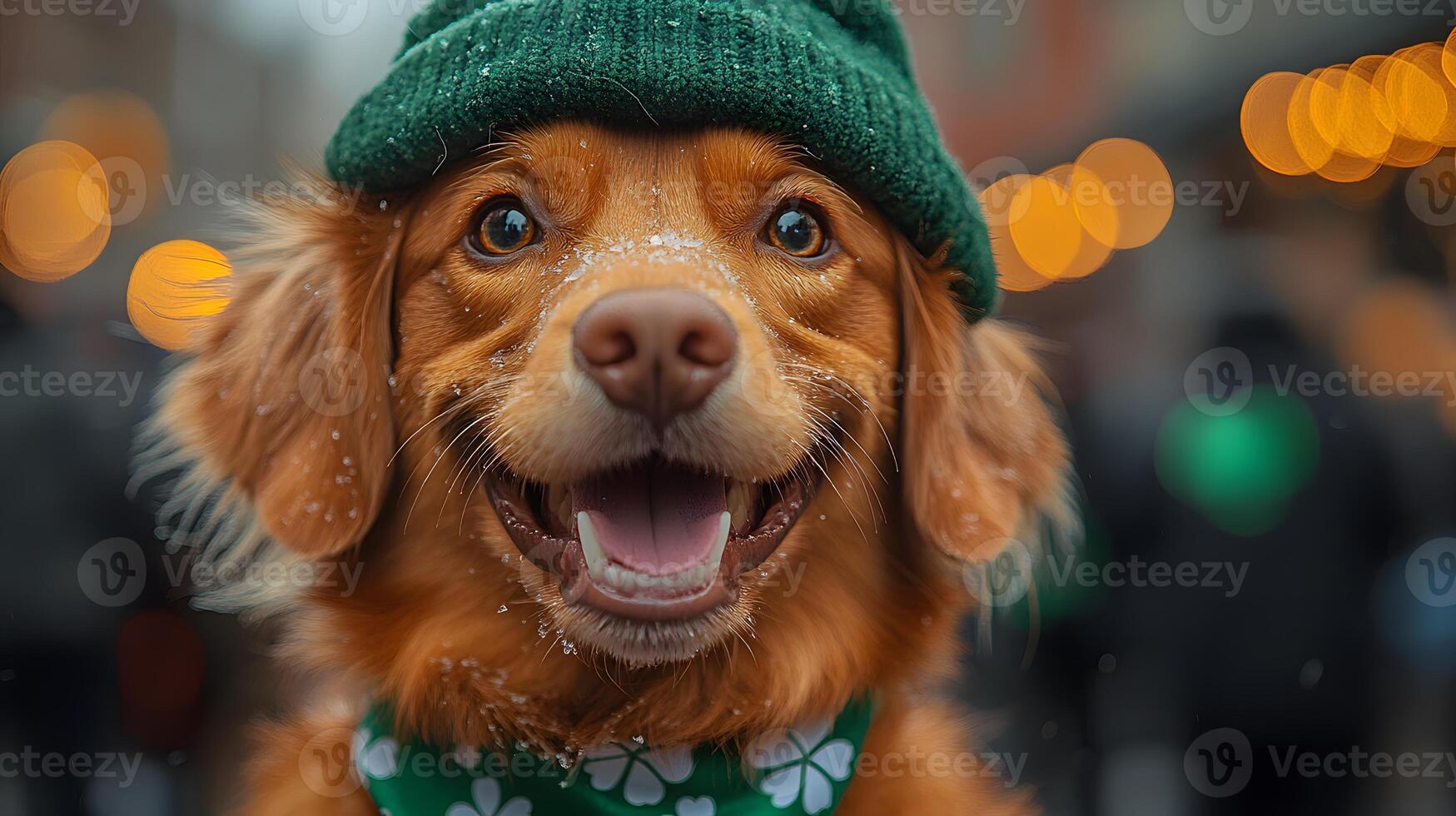 cheerful dog wearing a green hat and shamrock bandana for a St. Patricks Day parade photo