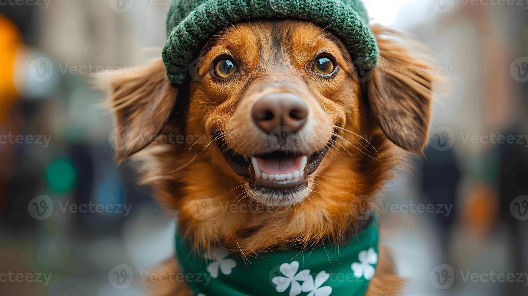 dog wearing a green hat and shamrock bandana for a St. Patricks Day parade photo